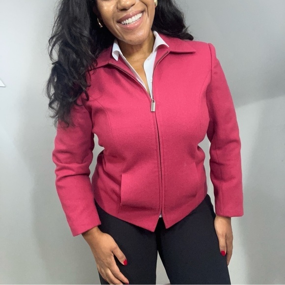 Vintage Pink Wool Cropped Short Jacket Zip Blazer Career Business Preppy Fitted - Picture 6 of 12